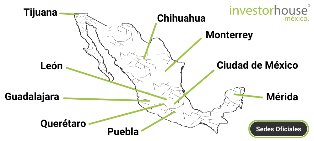Mapa de Ciudades de Cursos de Bolsa en México.